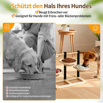 Erhöhter Hundenapf mit 3 Näpfen & Höhenverstellung