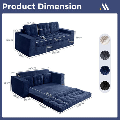 Klappsofa 190cm mit Schlaffunktion & Kissen – Dunkelblau