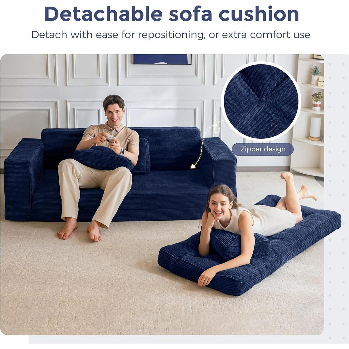 Klappsofa 190cm mit Schlaffunktion & Kissen – Dunkelblau