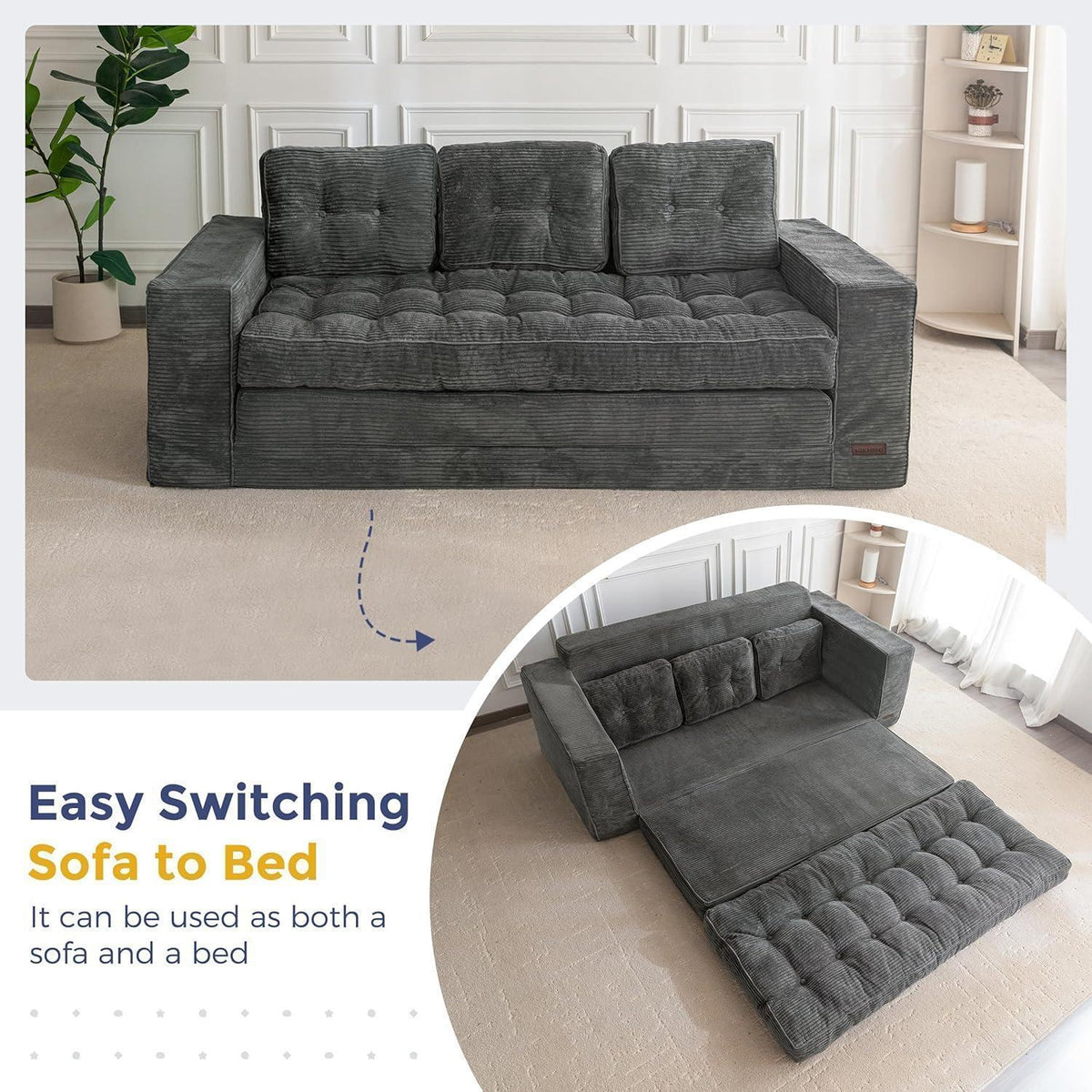 Klappsofa mit Schlaffunktion – Dunkelgrau, 190cm Breit