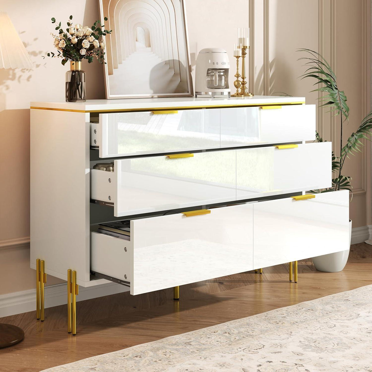 Moderner Sideboard-Schrank mit 6 Schubladen, Weiß