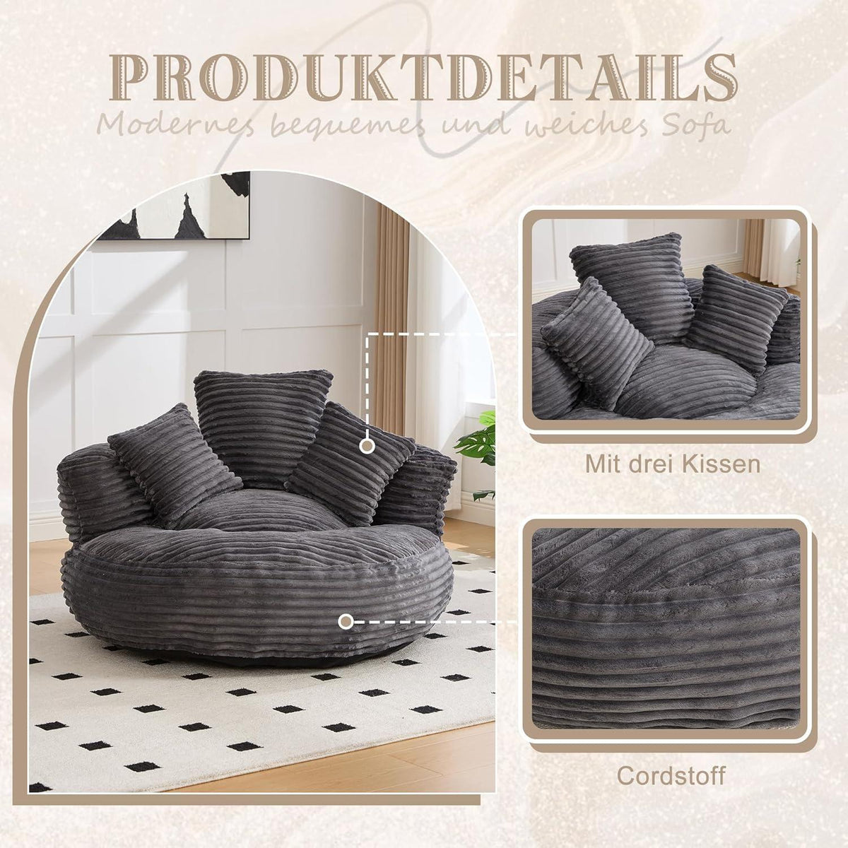 Lazy Sitzsack mit hohem Rücken – Bequemer Lounger für Wohnzimmer