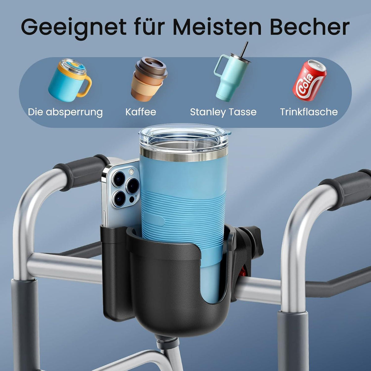 2-in-1 Getränkehalter für Rollator, Kinderwagen & mehr