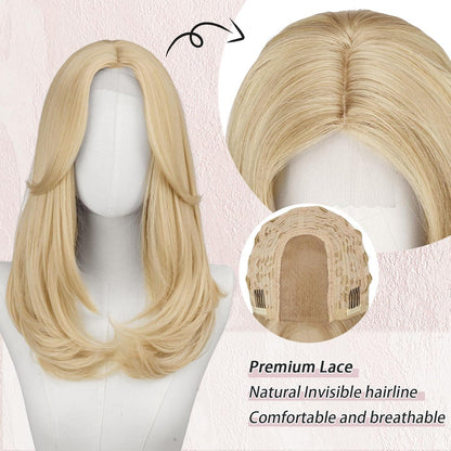 Hellblond Lace Front Perücke mit Pony, 45cm Synthetik Haar