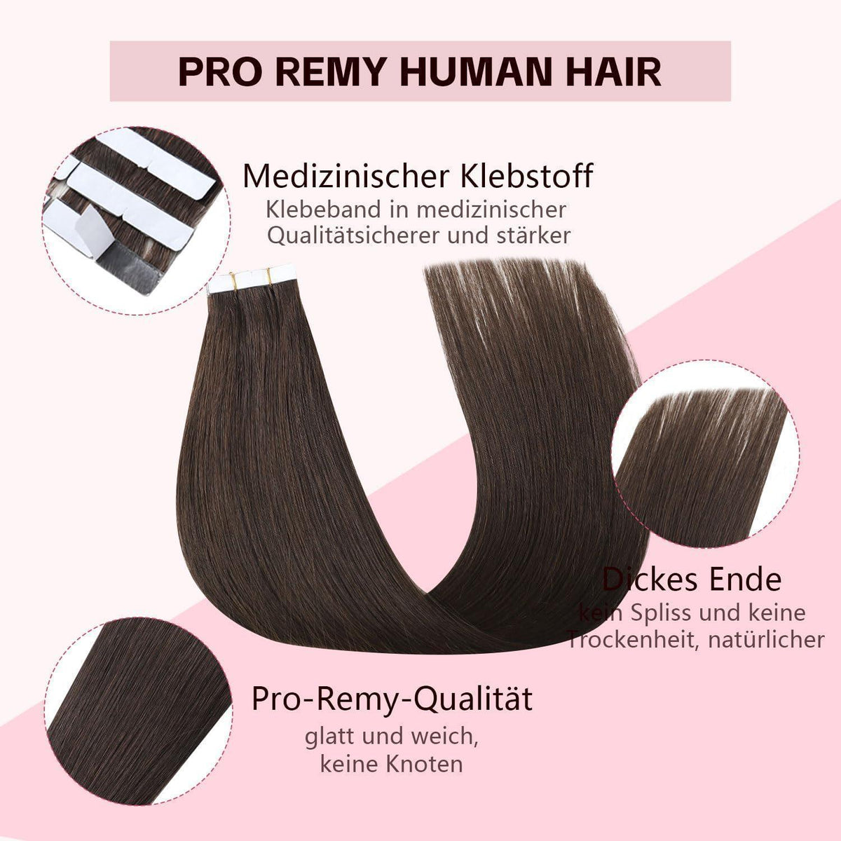 Remy Echthaar Tape Extensions #2 Dunkelbraun 40cm