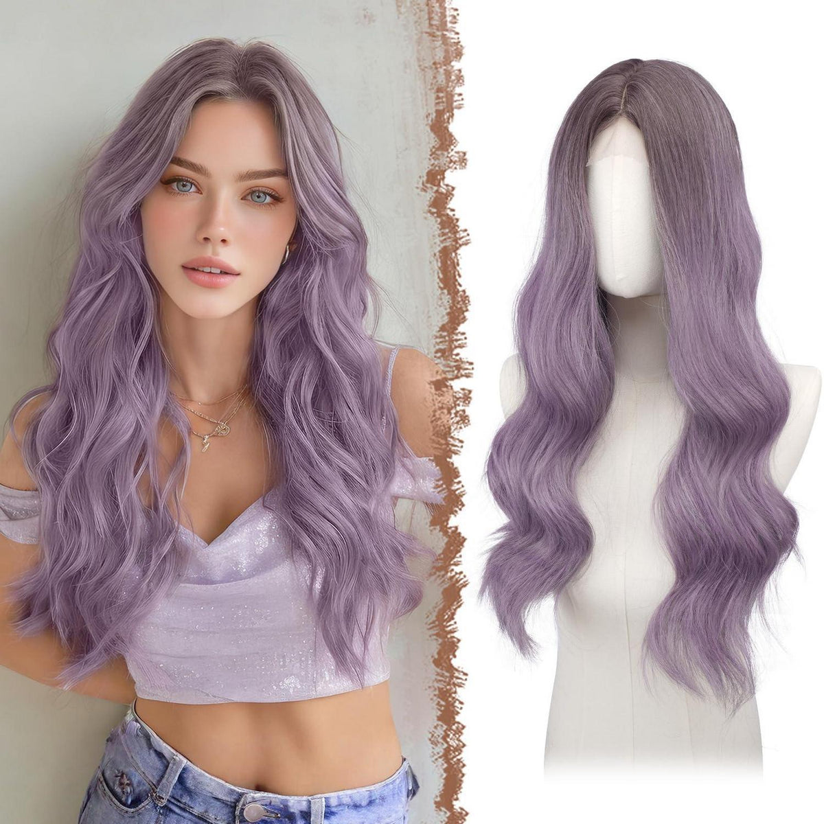 Lange gewellte Ombre Lila Perücke mit Spitze | 60cm Synthetik Perücke