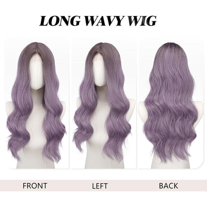 Lange gewellte Ombre Lila Perücke mit Spitze | 60cm Synthetik Perücke