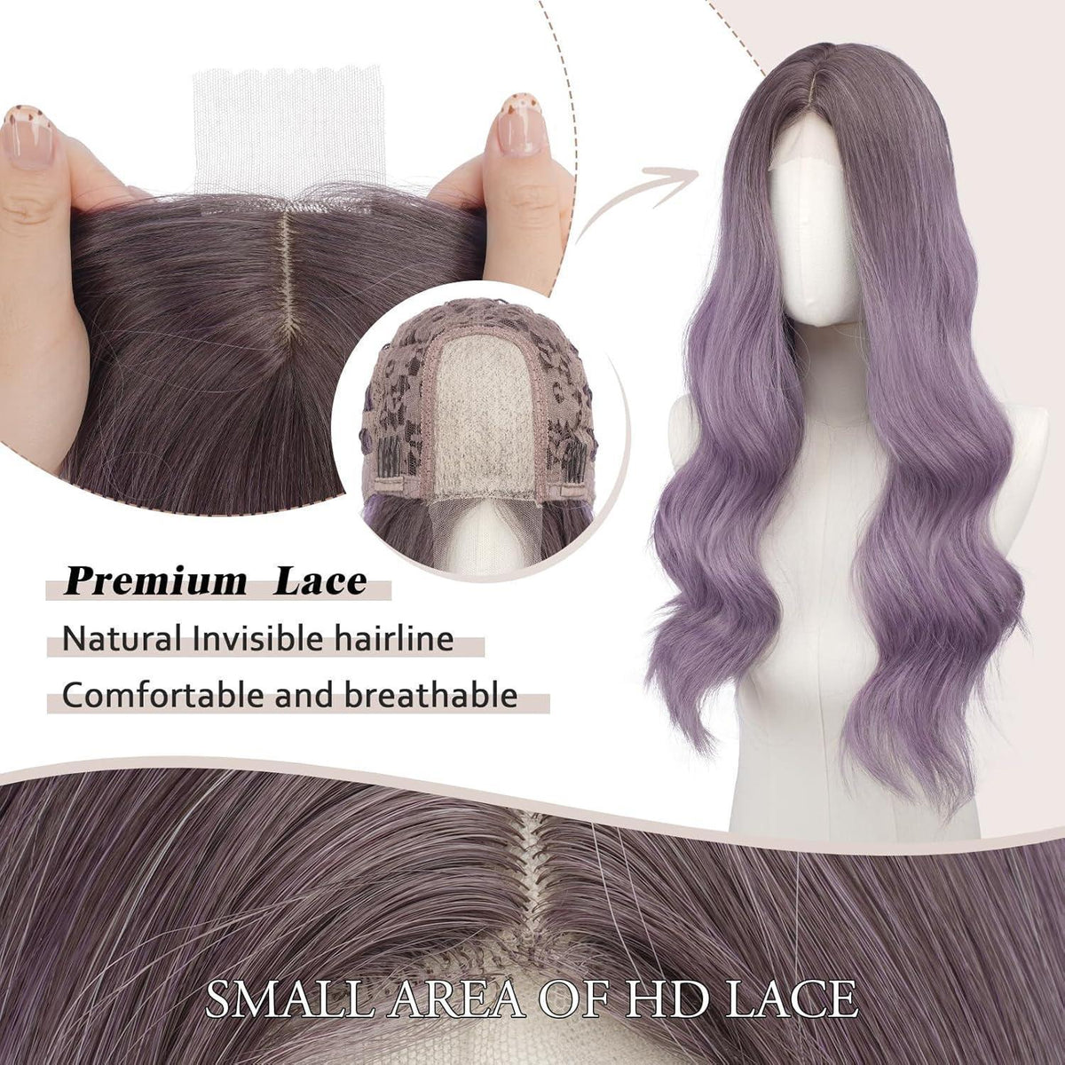 Lange gewellte Ombre Lila Perücke mit Spitze | 60cm Synthetik Perücke
