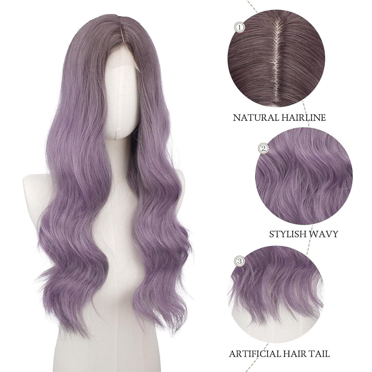 Lange gewellte Ombre Lila Perücke mit Spitze | 60cm Synthetik Perücke
