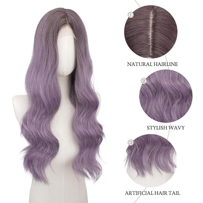 Lange gewellte Ombre Lila Perücke mit Spitze | 60cm Synthetik Perücke