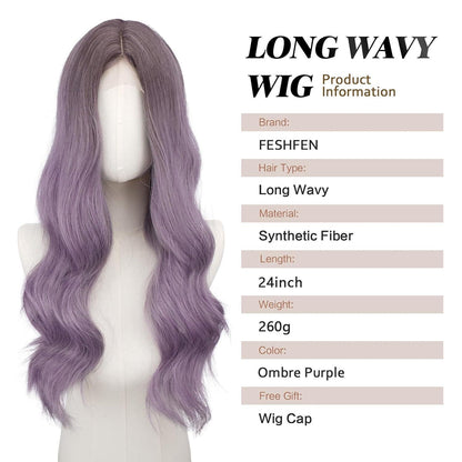 Lange gewellte Ombre Lila Perücke mit Spitze | 60cm Synthetik Perücke