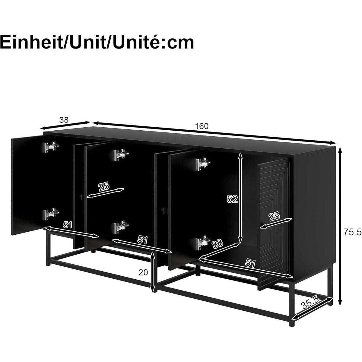 Modernes Sideboard Schwarz mit 3 Türen & Großem Stauraum