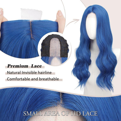 Lange gewellte blaue Perücke mit Spitze | 60cm Synthetik Perücke für Party & Cosplay
