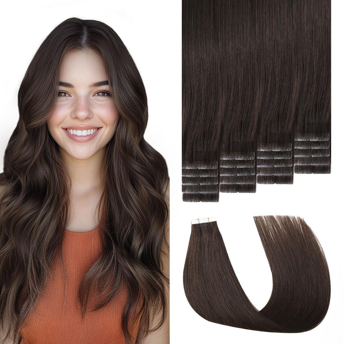 Echthaar Tape-in Haarverlängerung Dunkelbraun 55cm (50g)
