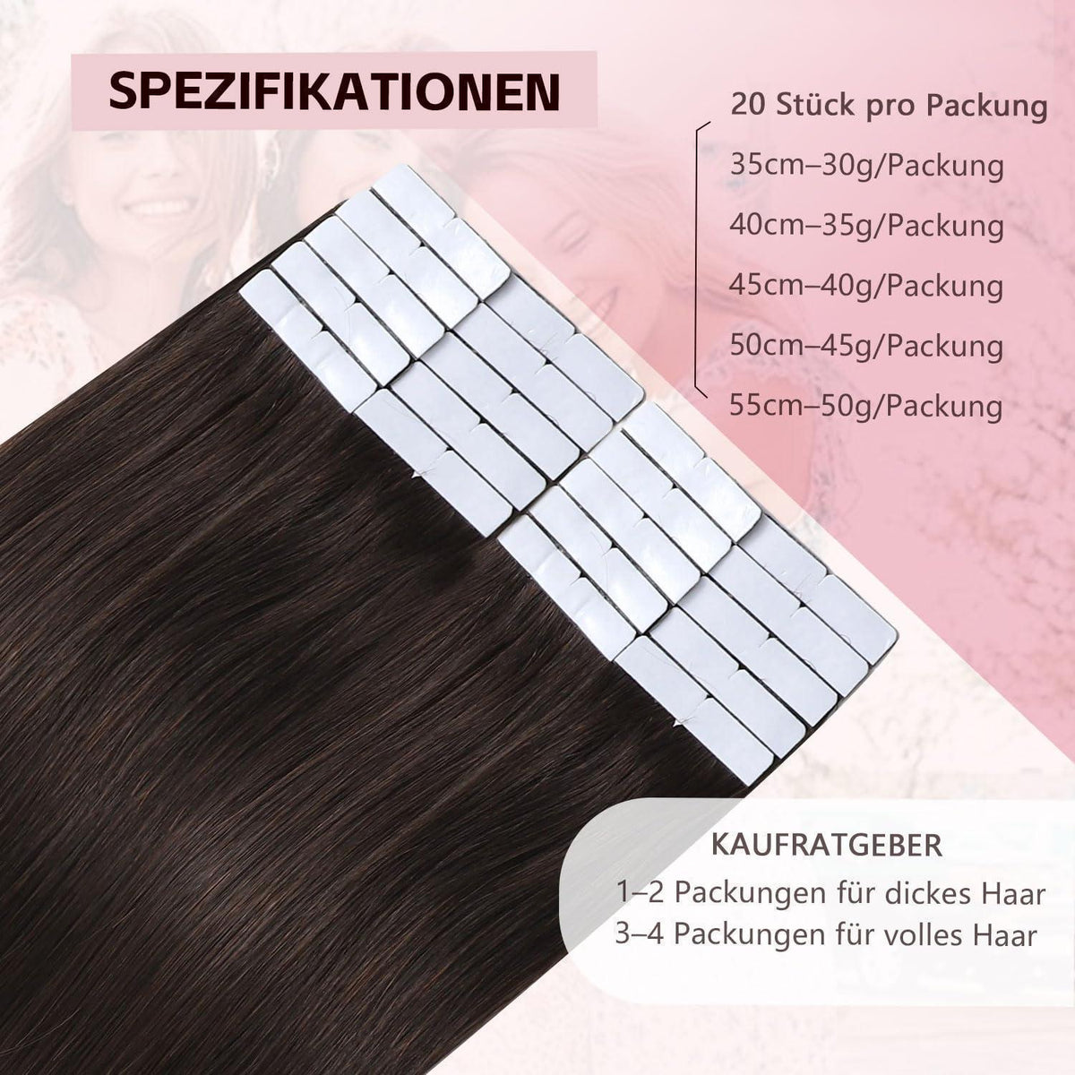 Echthaar Tape-in Haarverlängerung Dunkelbraun 55cm (50g)