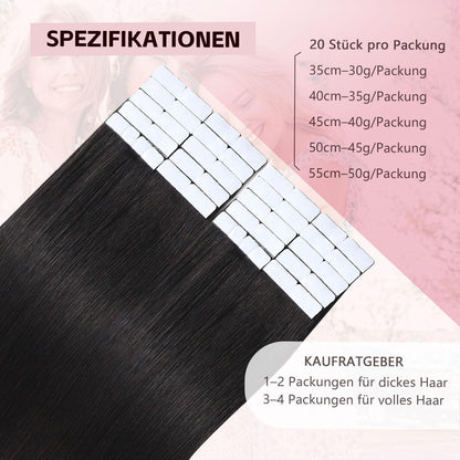 Remy Tape-in Haarverlängerung #1B Schwarz 45cm Echthaar