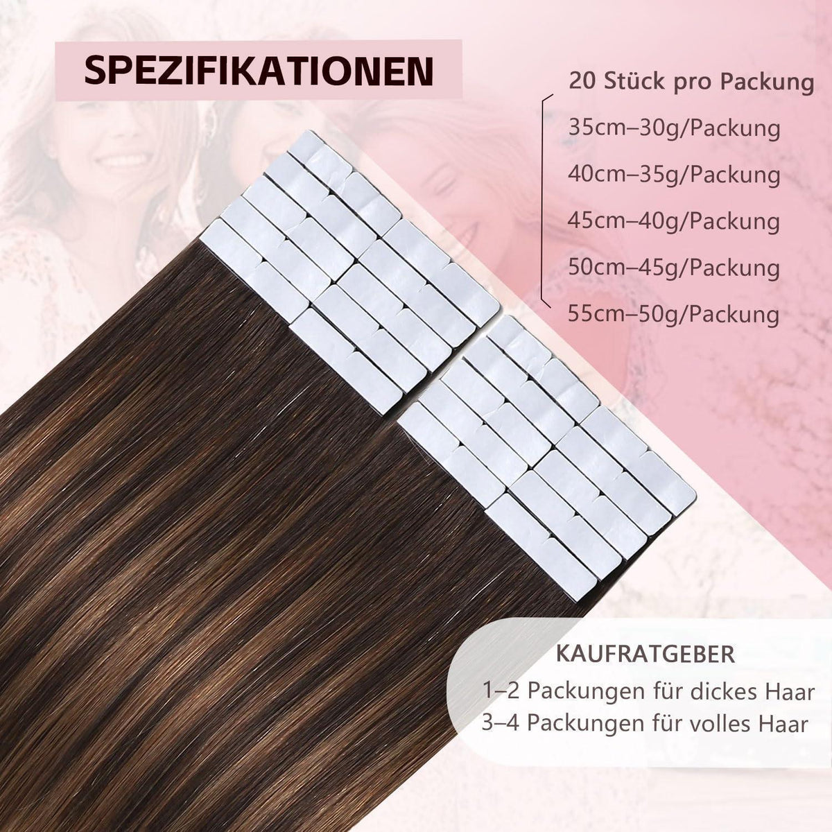 Echthaar Tape-in Extensions #2/6/18 Dunkelbraun bis Chestnut