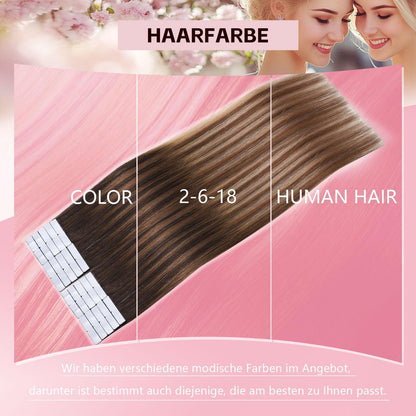 Echthaar Tape-in Extensions #2/6/18 Dunkelbraun bis Chestnut