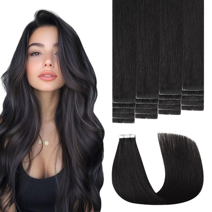 Echthaar Tape-in Haarverlängerung 55cm #1B Schwarz