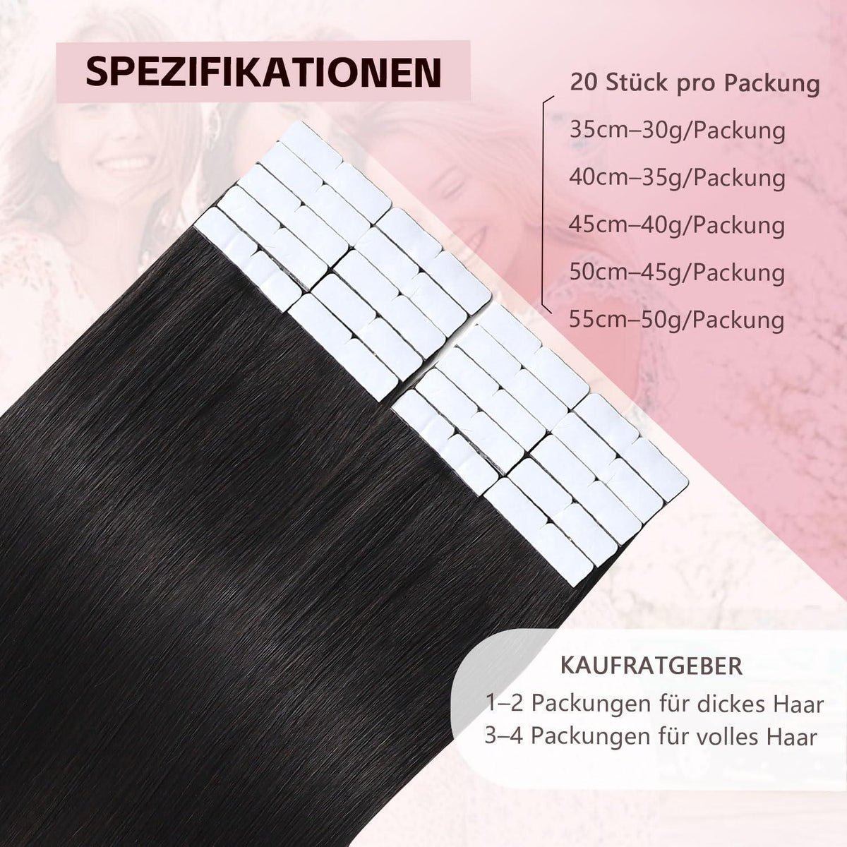 Echthaar Tape-in Haarverlängerung 55cm #1B Schwarz