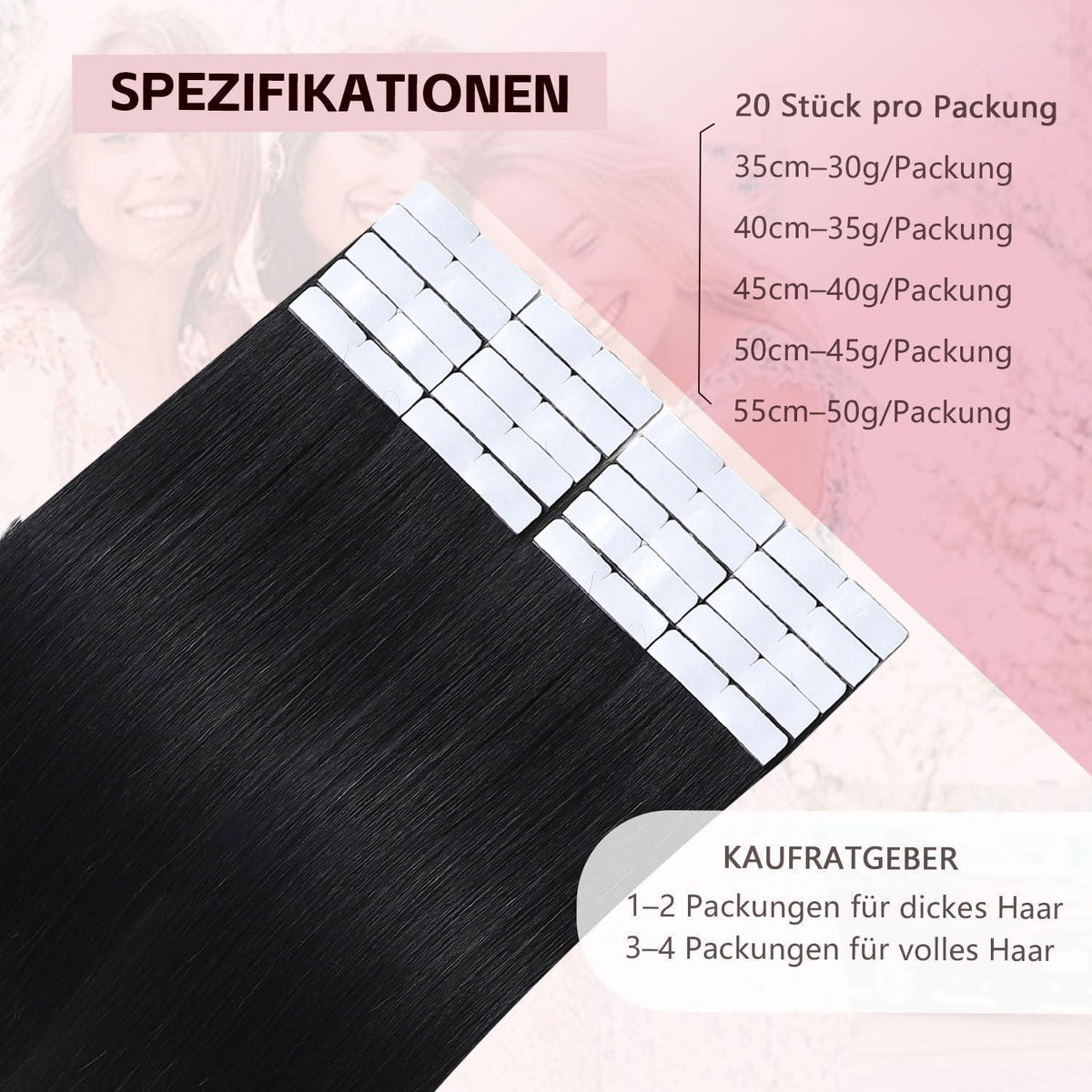 Echthaar Tape Extensions #1 Schwarz 50cm – Remy Menschenhaar
