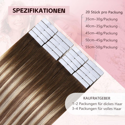 Echthaar Tape Extensions 50cm - Walnuss bis Hellblond #3/8/22