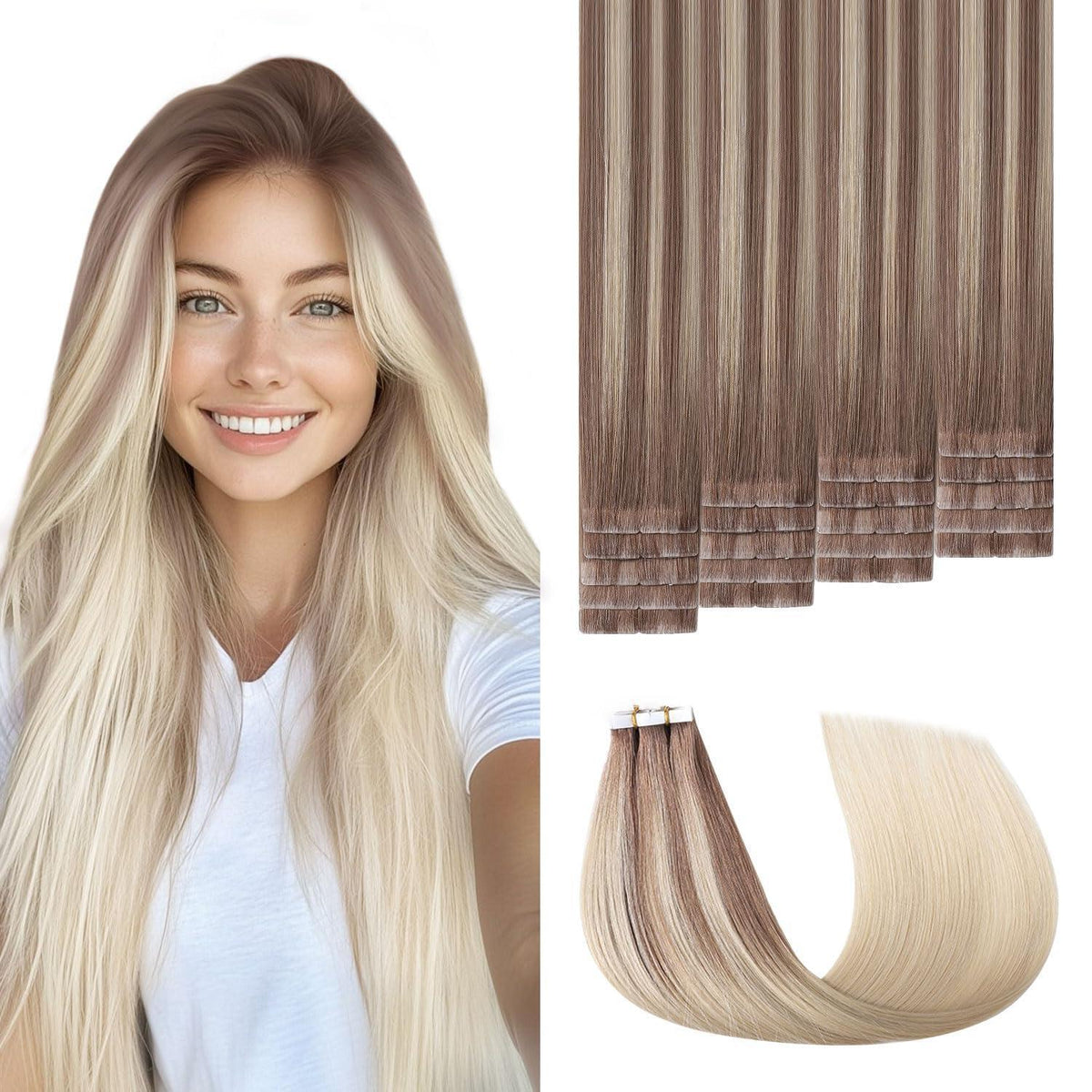 Remy Echthaar Tape Extensions #8/60 Hellbraun-Platinblond 40cm