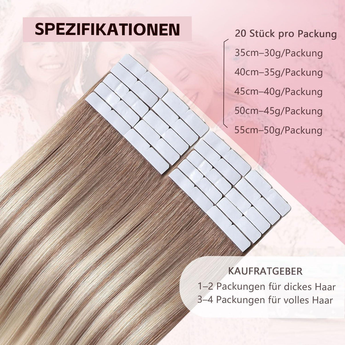 Remy Echthaar Tape Extensions #8/60 Hellbraun-Platinblond 40cm