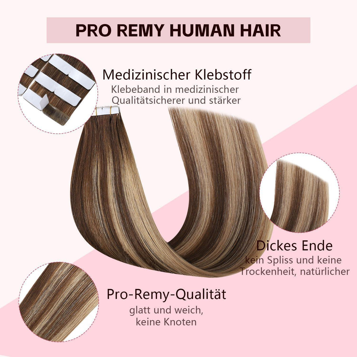 Remy Tape Haarverlängerung #4/27/4 Balayage Schoko-Karamell 45cm