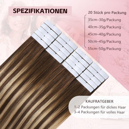 Remy Tape Haarverlängerung #4/27/4 Balayage Schoko-Karamell 45cm