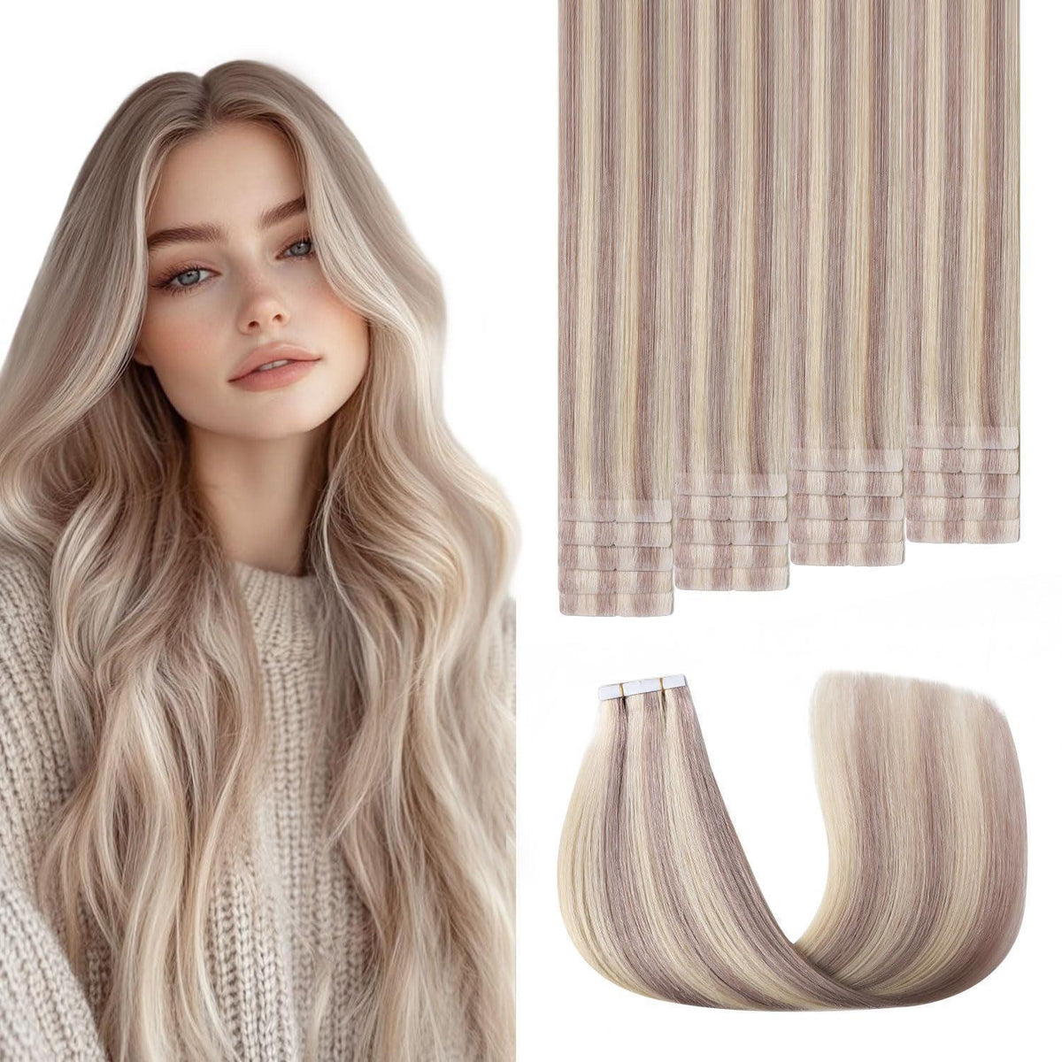 Echthaar Tape Extensions Aschblond #18p613, 55cm, 50g