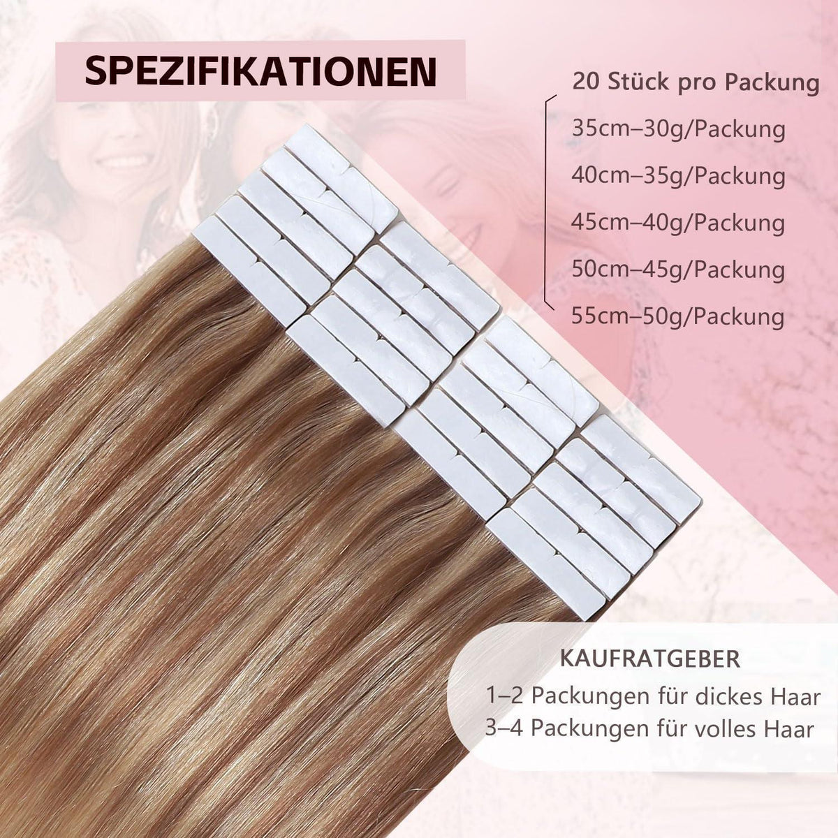 Remy Echthaar Tape Extensions #10/27/27 Hellbraun Goldblond 40cm