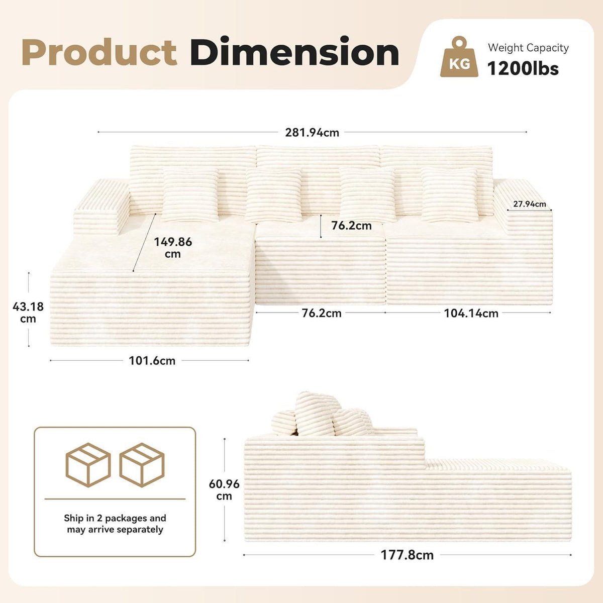 Modulares Ecksofa Cord Stoff – L Form mit Schlaffunktion & Kissen, Beige