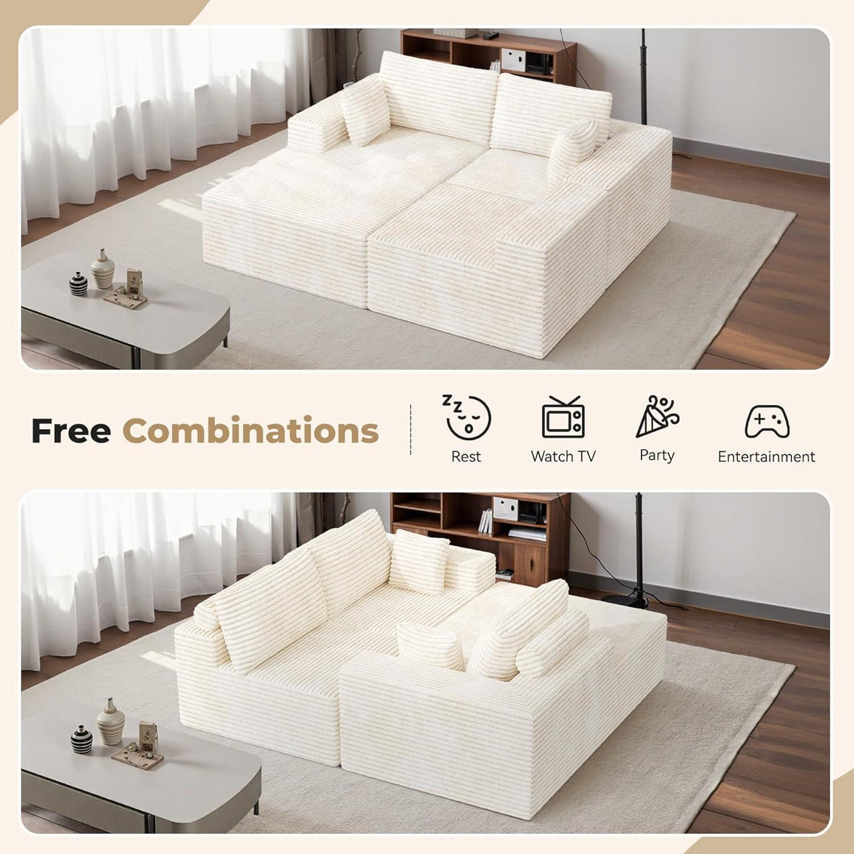 Modulares Ecksofa Cord Stoff – L Form mit Schlaffunktion & Kissen, Beige