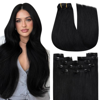 Echthaar Clip-in Extension Schwarz 55cm – Volumenspendend & Stylingfähig