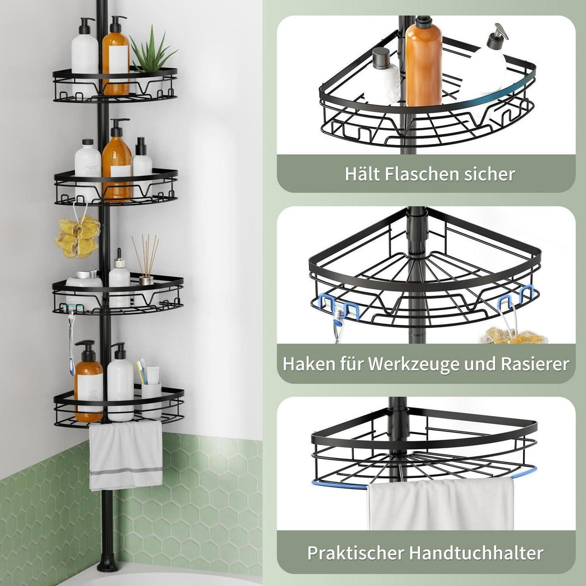 Teleskop Duschregal 4-Fach Ecke Schwarz Matt