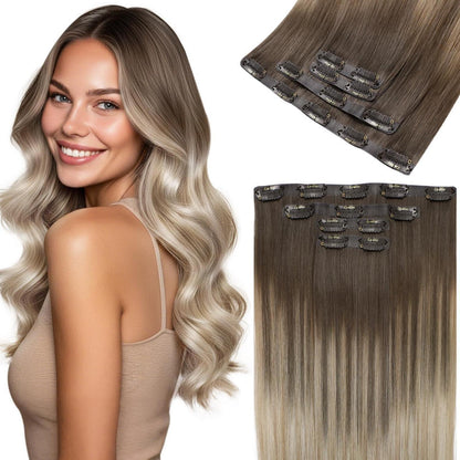 Echthaar Clip-Ins Braun Balayage 55cm – 100g