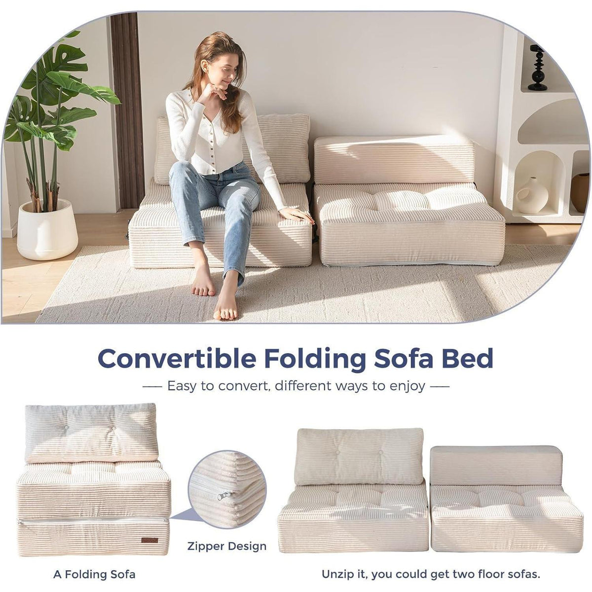 Klappsofa mit Schlaffunktion – Bequemes Bodensofa Creme