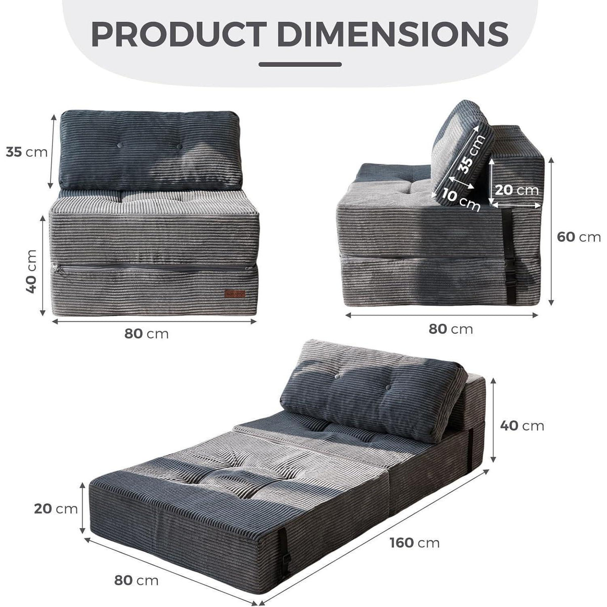 Klappsofa mit Schlaffunktion – Grau, 160x80x40 cm