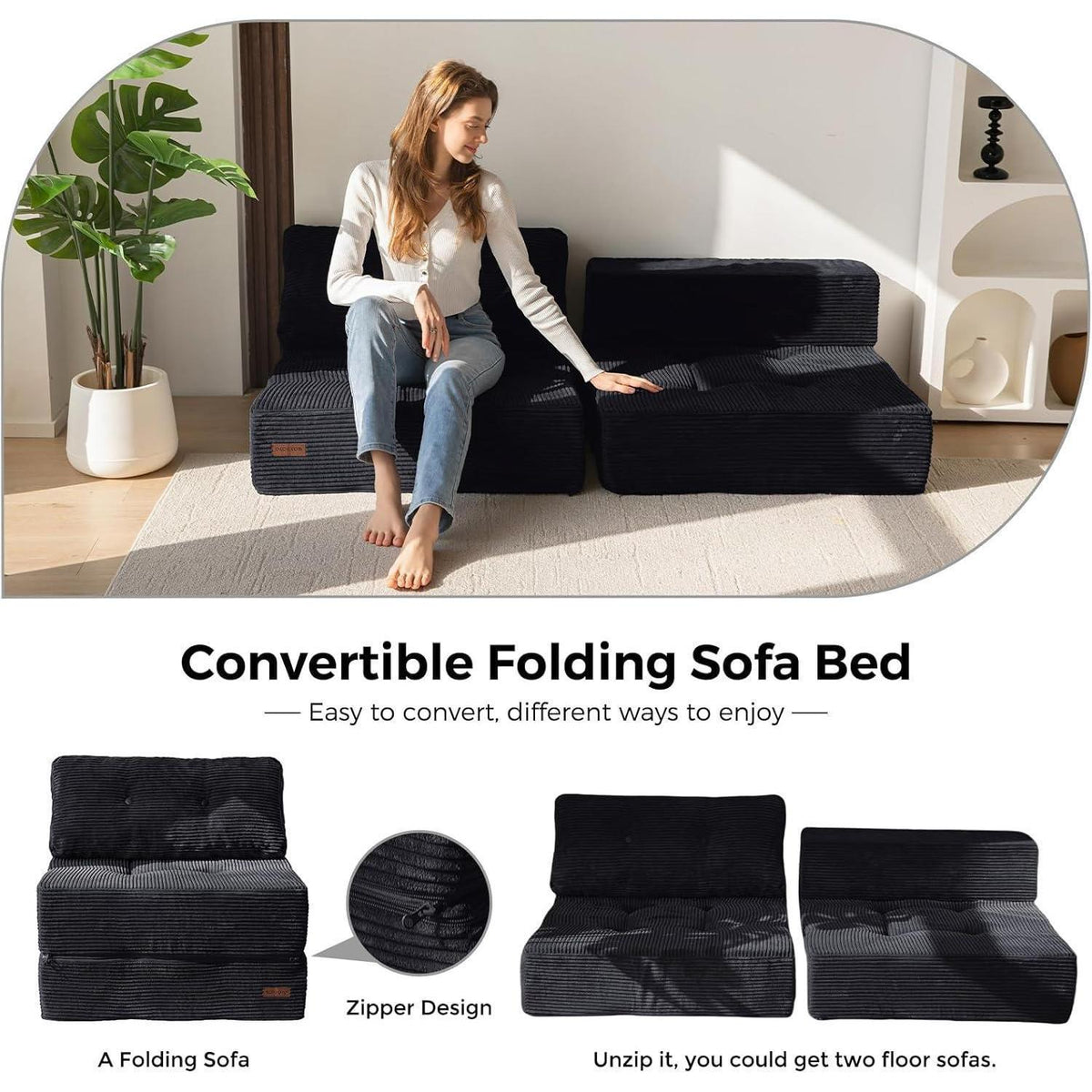 Klappsofa mit Schlaffunktion – Vielseitiges Bodensofa Schwarz