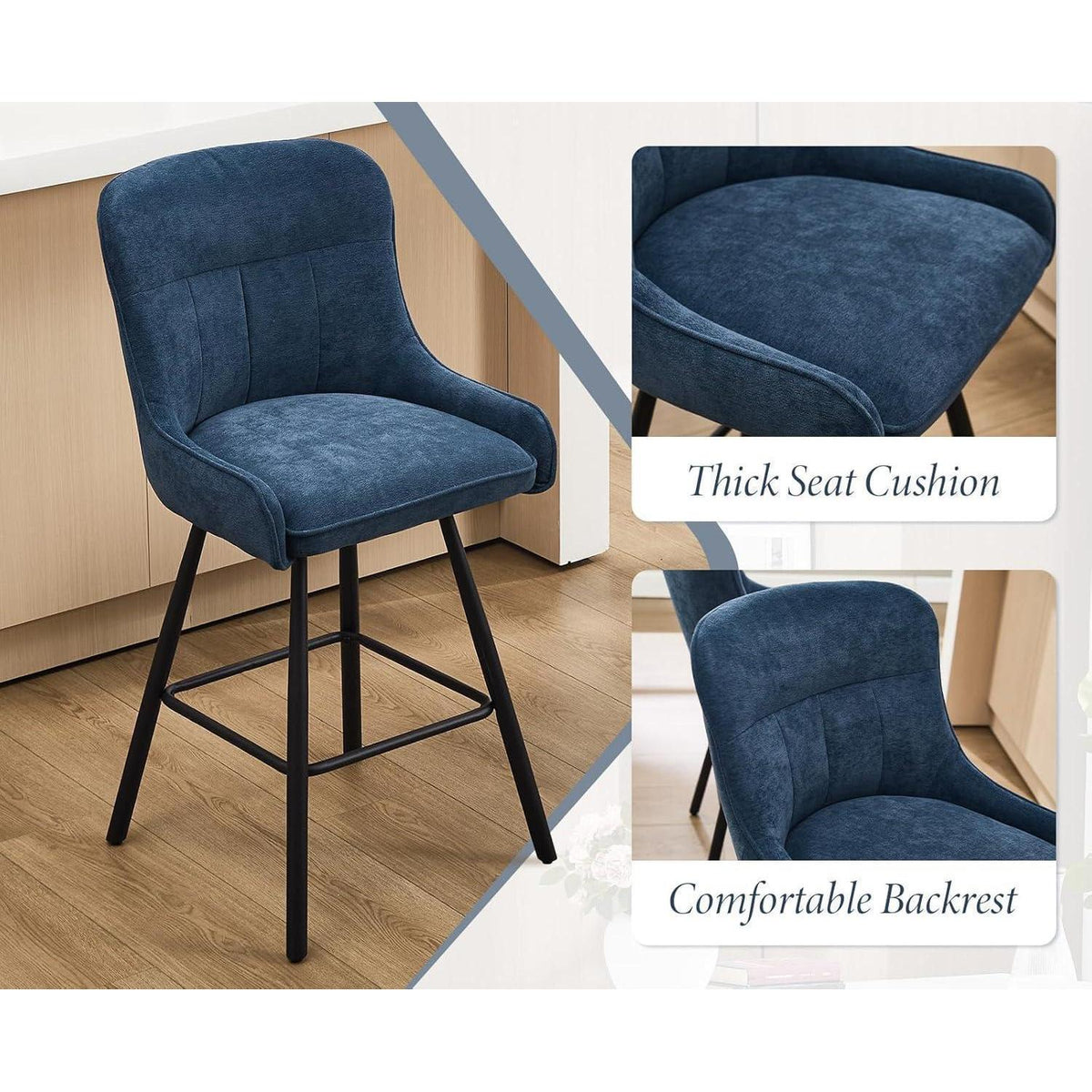 Blauer Barhocker 2er Set mit Rückenlehne & Fußstütze