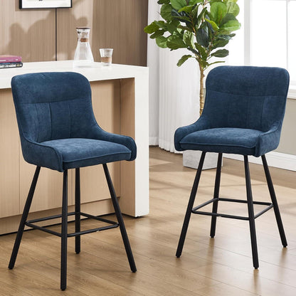 Blauer Barhocker 4er Set mit Chenille & Fußstütze