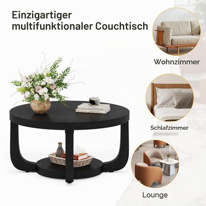 Runder Couchtisch mit Stauraum – Zweistufiger Beistelltisch Holz Schwarz