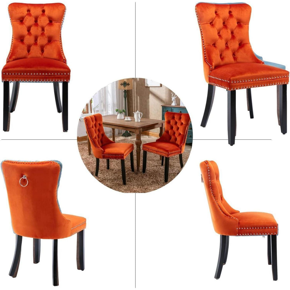 Samt Esszimmerstühle 6er Set mit Massivholzbeinen, Orange