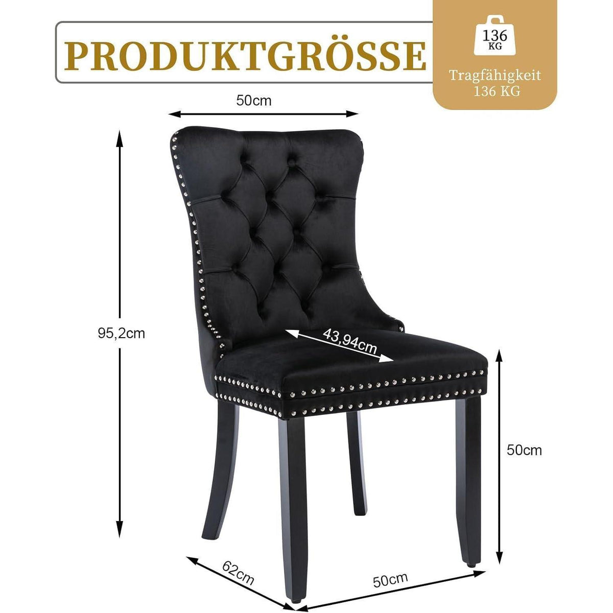 Samt Esszimmerstühle 2er Set mit Massivholzbeinen Schwarz