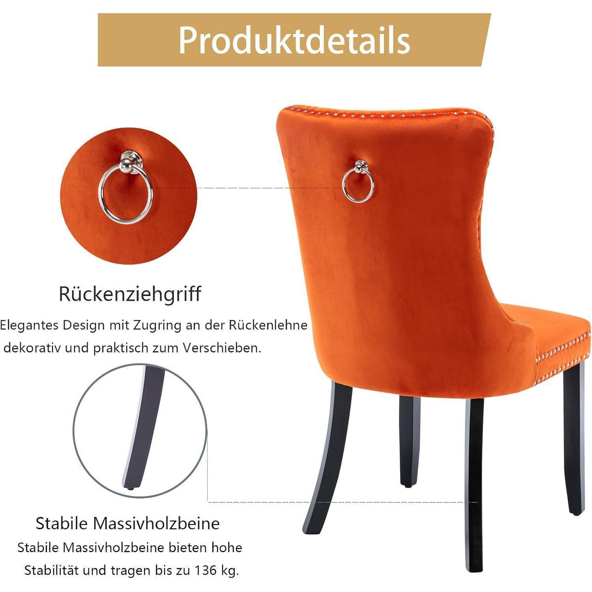 Samt Esszimmerstühle 2er Set mit Massivholzbeinen, Orange