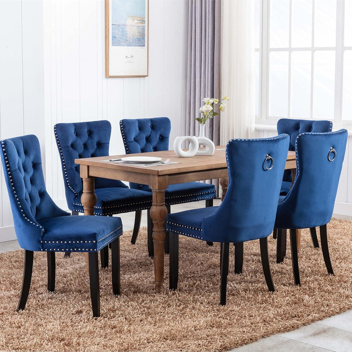 Samt-Esszimmerstühle 2er-Set mit Massivholzbeinen, Blau