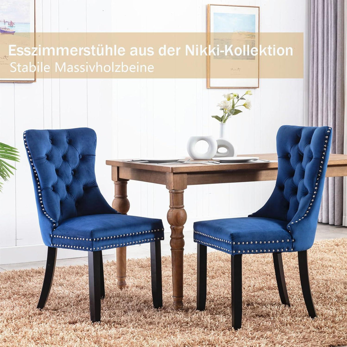Samt-Esszimmerstühle 2er-Set mit Massivholzbeinen, Blau
