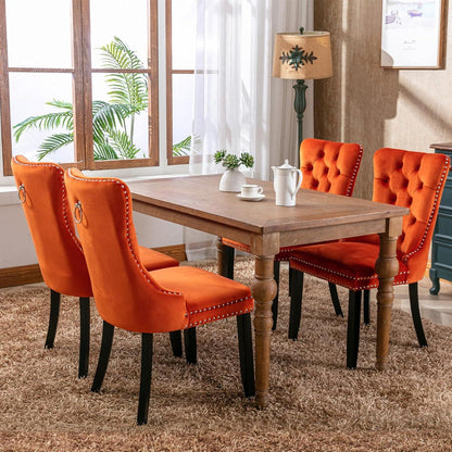 8x Samt Esszimmerstühle mit Massivholzbeinen, Orange
