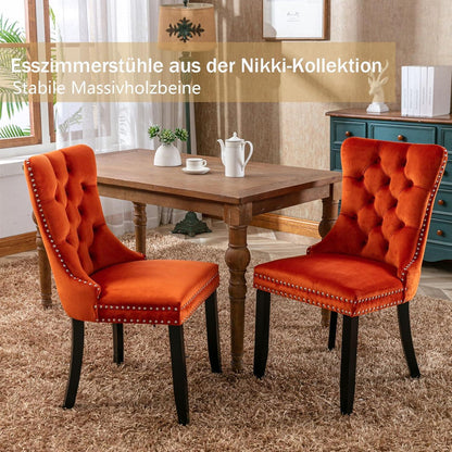 8x Samt Esszimmerstühle mit Massivholzbeinen, Orange
